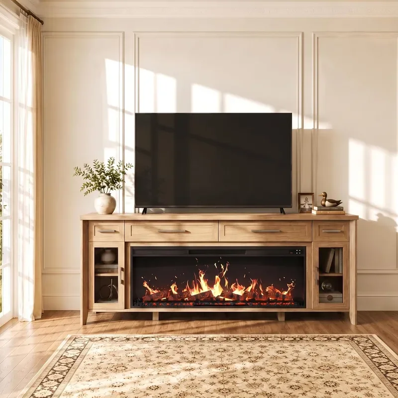 74 Apex Extra Large TV Stand with 48 Electric Fireplace Camel