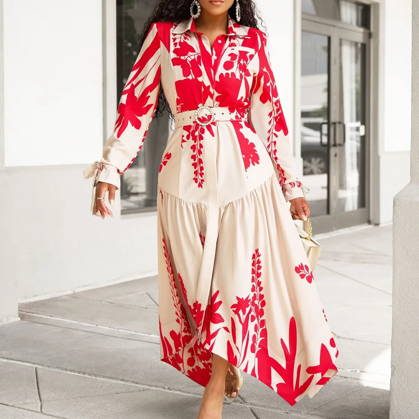 

Dress for Women Summer Long-sleeved Printed Lapel Irregular Loose Casual Office Lady Dresses Streetwear Bodycon Dress