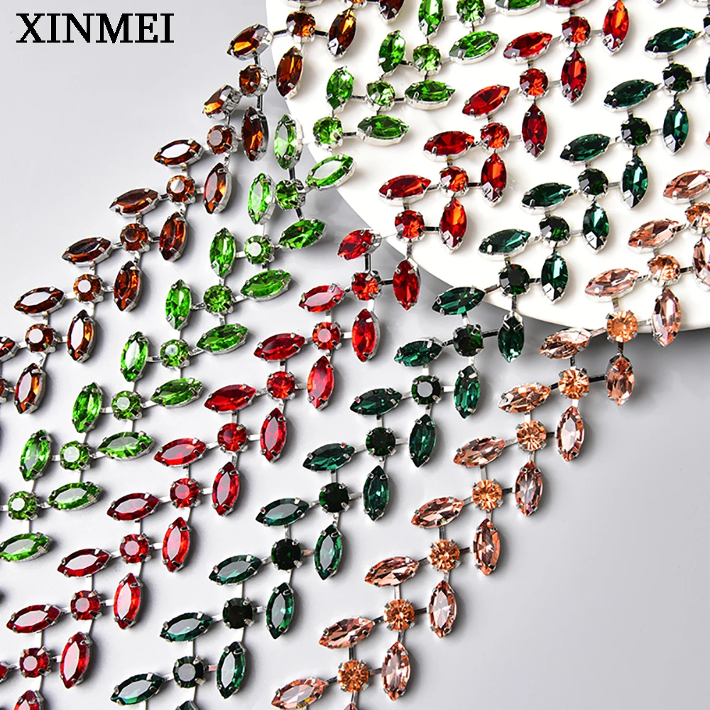 New Style Leaf Glass Crystal Trim Silver Claw Base Rhinestone Horse Eye Chain Sewing Dress Belt Applique Clothes Bags Decoration