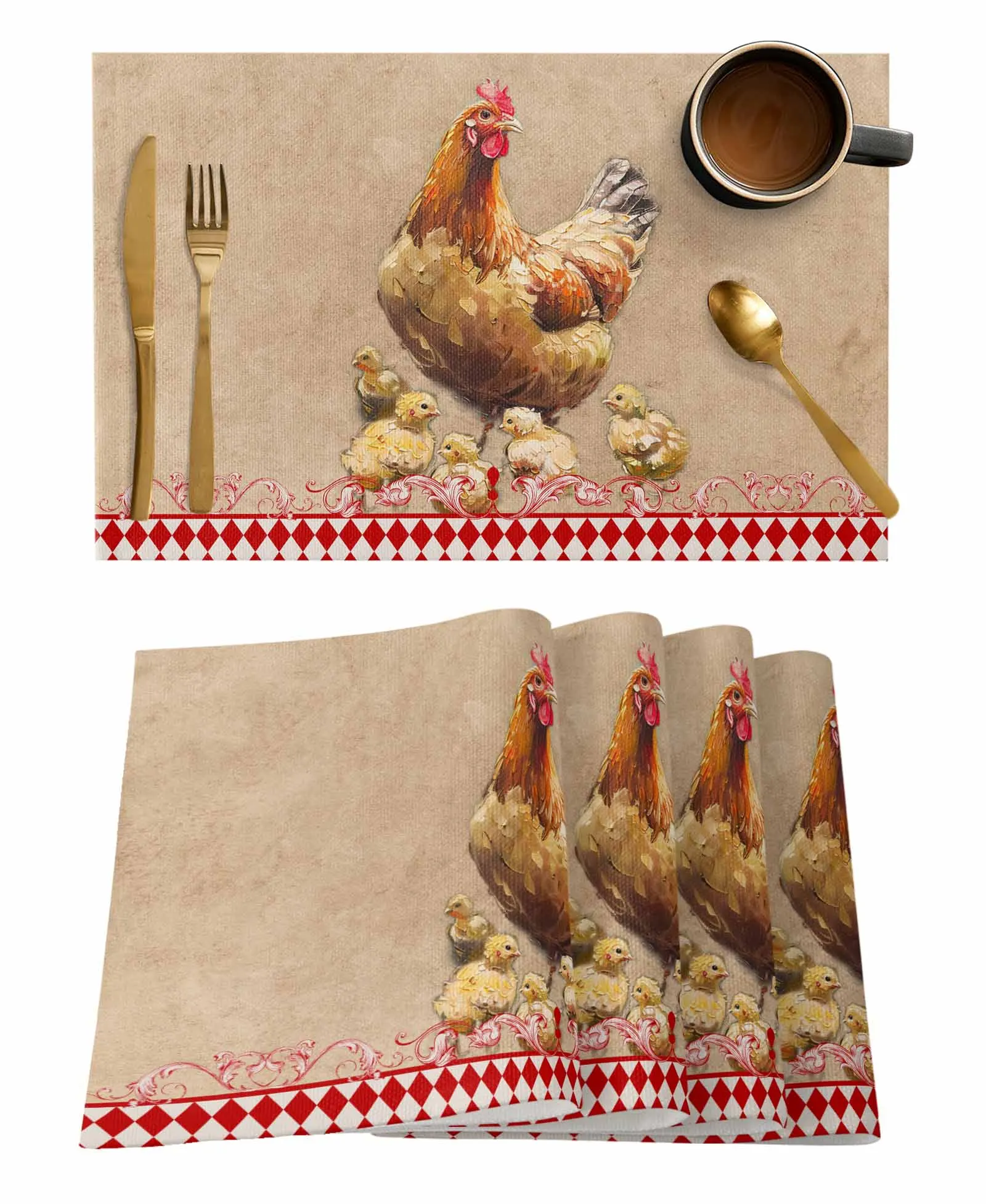 Retro Country Farm Hen Placemat Wedding Party Dining Decor Linen Table Mat Kitchen Accessories Table Napkin