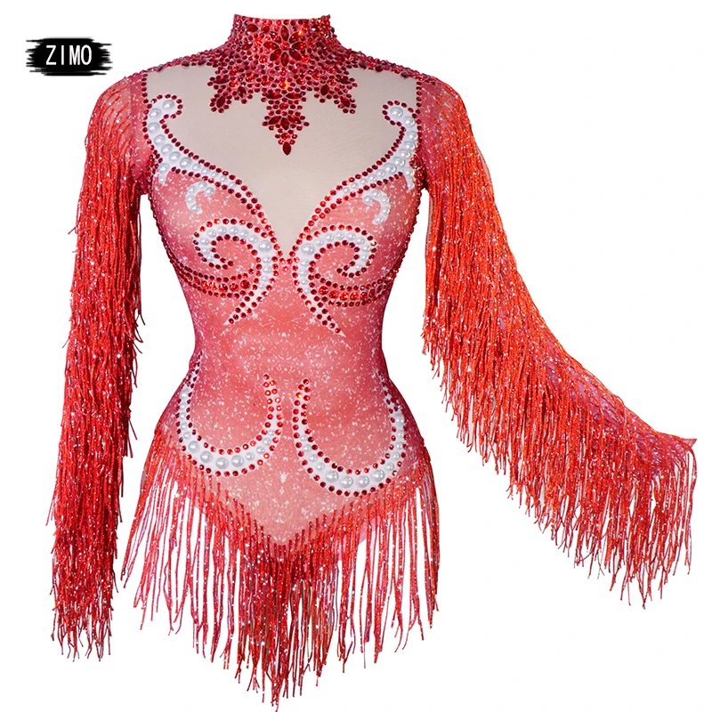 

Custom fashion red rhinestones bodysuit tassels sexy see through club party DS leotard women Celebrate Team pole dance clothing