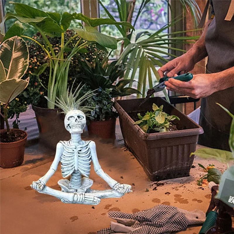 

AA51 Meditating Skeleton Flower Pot Skull Plants Pot Halloween Decorative Garden Flower Pot Sculpture