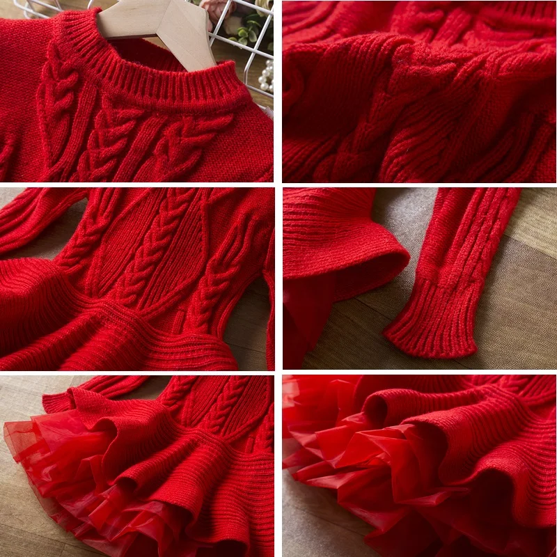 Long Sleeve Girls Winter Dress for 3-8 Years 2024 New Knitted Sweater Outfits Red Christmas Party Dress for Girls Kids Costume