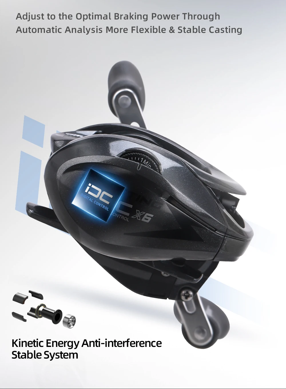 HASIDA X6 DC Baitcasting-Rolle IDC Digitalbremse Anti-Backlash Low-Profile-Wurfrolle 7.1:1 Leichter Carbonrahmen – Detail 8