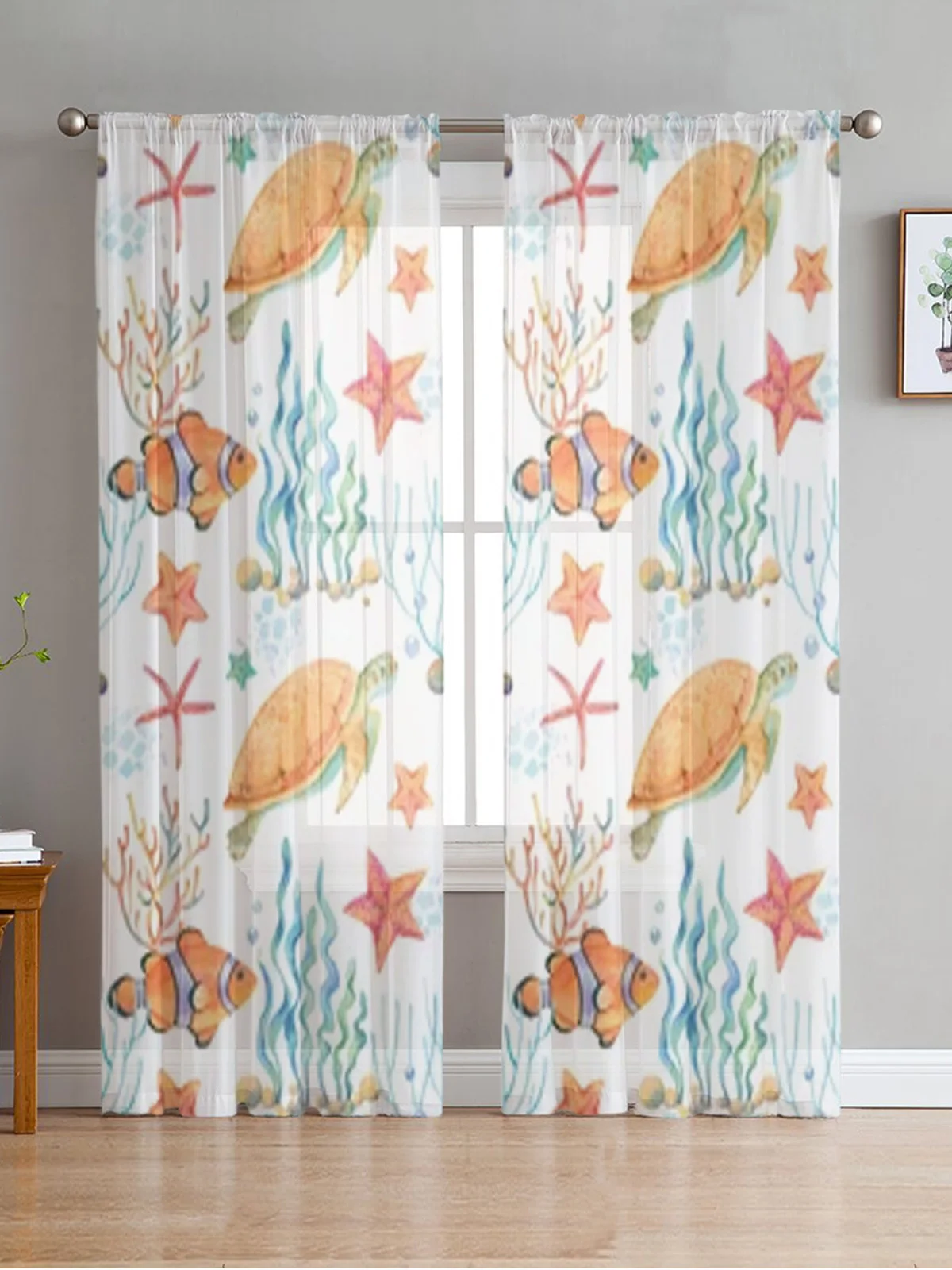 

Fish Sea Turtle Starfish Corals Chiffon Sheer Curtains For Living Room Bedroom Decor Kitchen Window Voiles Tulle Curtain