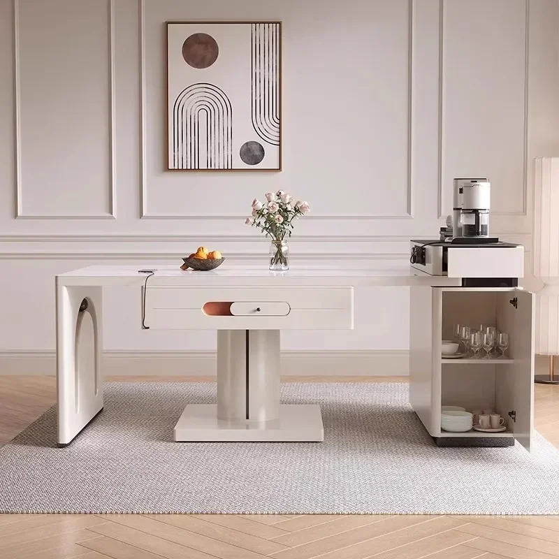 Cream Style Rock Slab Island Table Retractable Mahjong and Tea Table Dual Purpose Automatic Folding Dining Table for Living