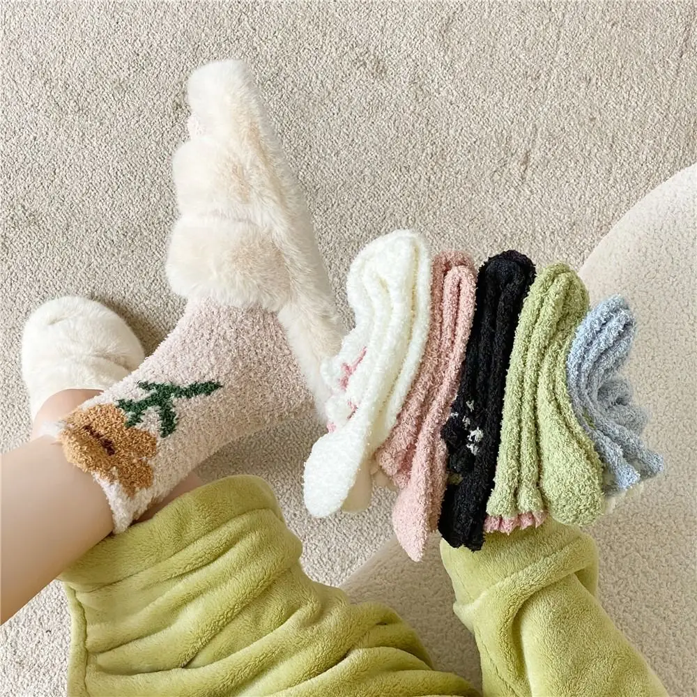 

6Pairs Soft Thickened Coral Fleece Socks Flower Sleeping Floor Plush Socks Hosiery Winter Warm Socks Women For Female Men