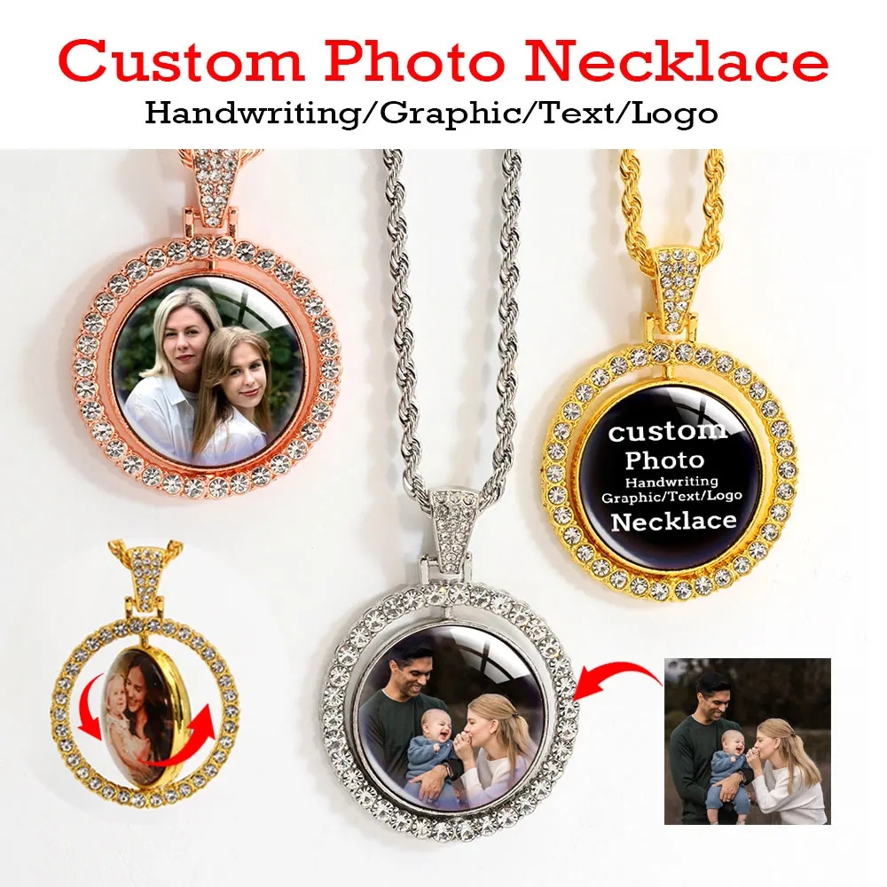 Personalized Photo Text Logo Glass Cabochon Custom Rotatable Double-sided Bling Necklace Rope Chain Men Women Memorial Gifts