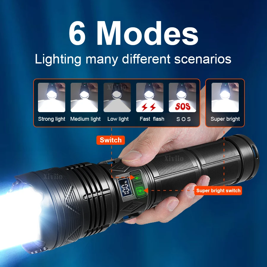 Ultra Powerful 1000W LED Flashlight 98000000LM Rechargeable Powerful Torch Lamp With COB Side Light Camping Fishing Zoom Lantern
