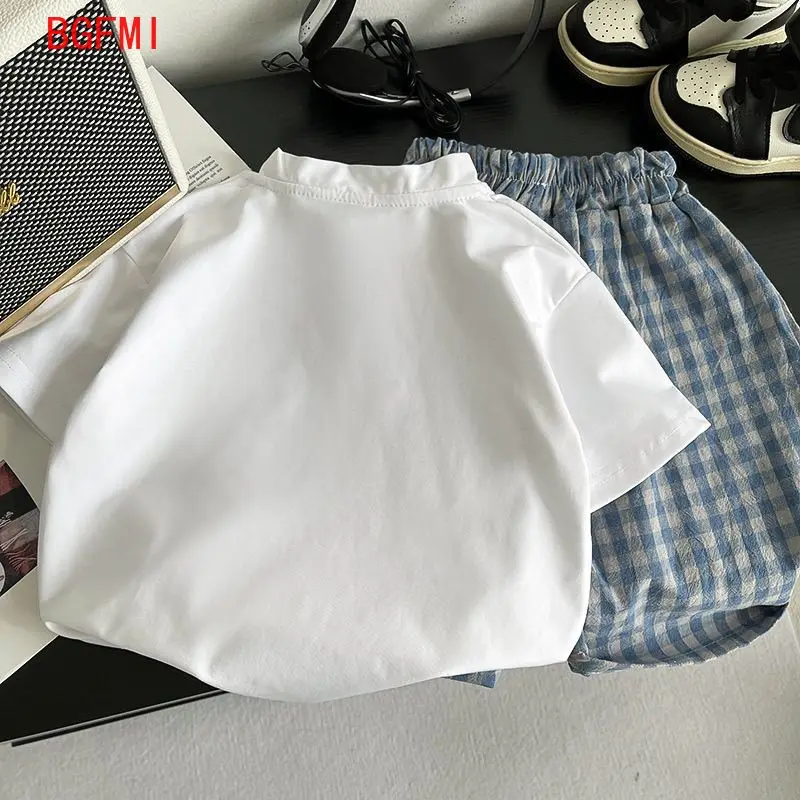 Boys Summer Suit Little Prince Printed Tie White T-shirt + Blue Plaid Shorts Outfits Toddler Kid Boy College Style Two-piece Set