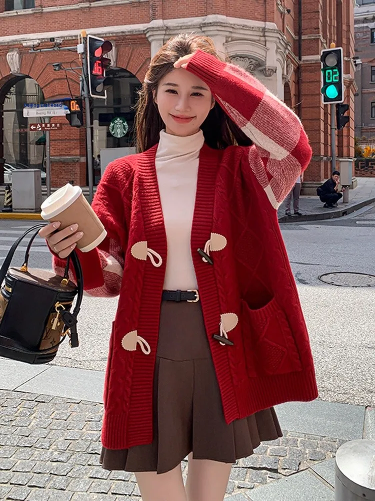 Roter Strickpullover mit Knöpfen für Damen, Frühling 2025, Sweet Sle College Wind Long Sve ort Länge, offene Strickjacke