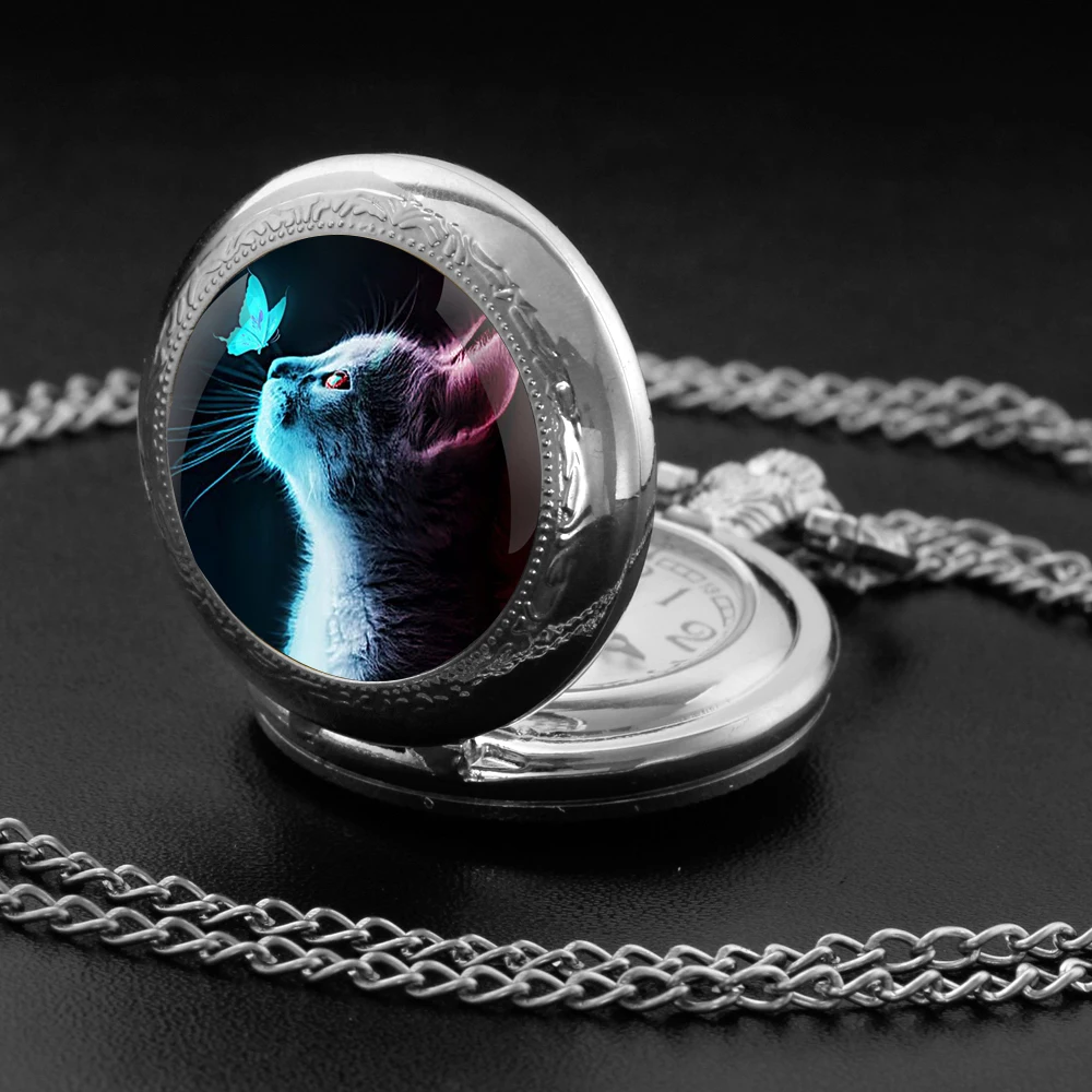Exquisite Cat Butterfly Pattern Quartz Pocket Watch with Necklace Pendant World-Time Feature, Analog Display for Women Men Kids