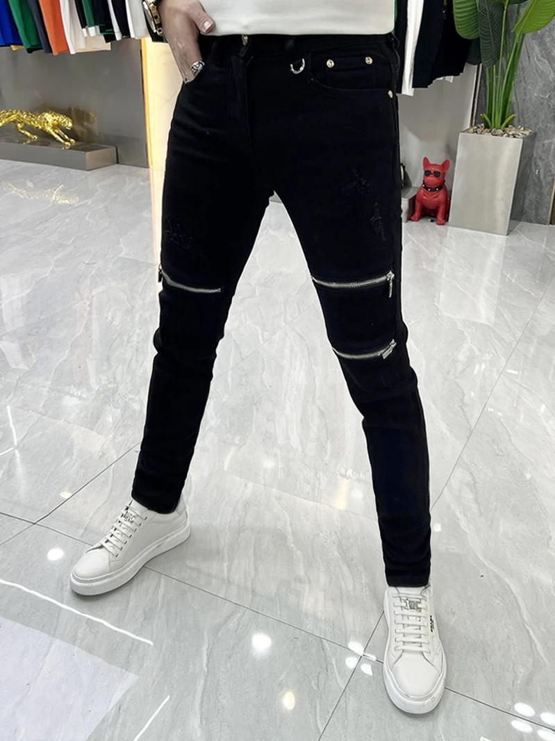 

Мужские джинсы с флисовой подкладкой, зауженные, с молниями и прорезями, осенние, модные, молодежные, повседневные, прямые, длинные брюки