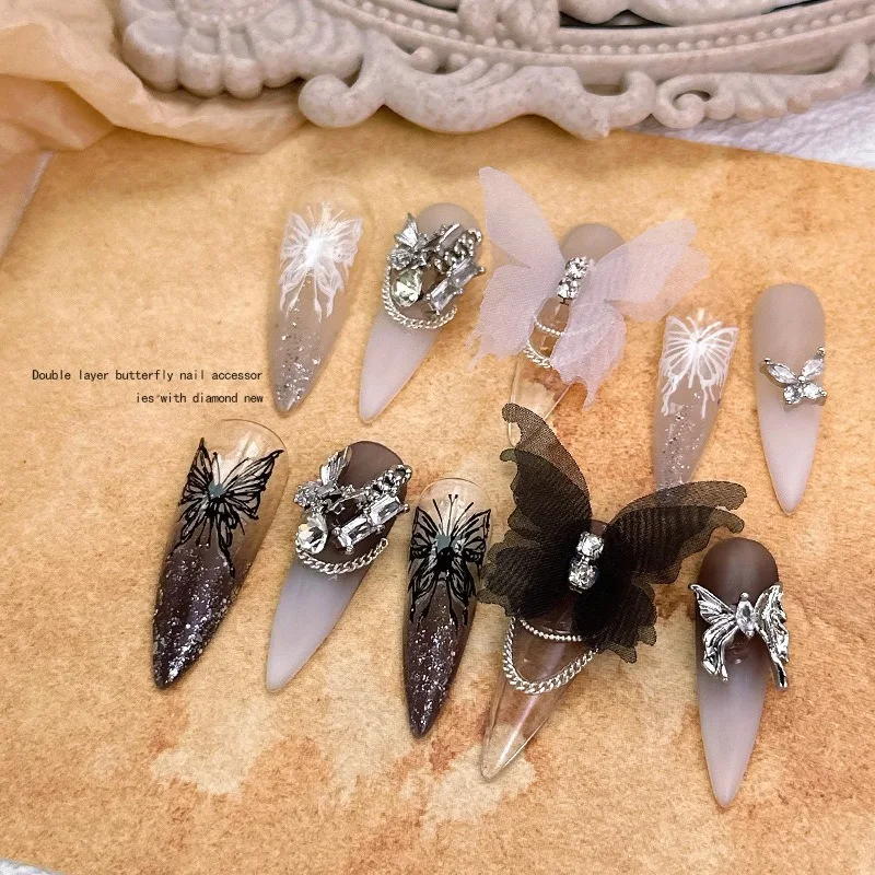 2Pcs double-layer tulle fairy butterfly nail charms, hot organza handmade rhinestone butterflies for delicate nail decorations