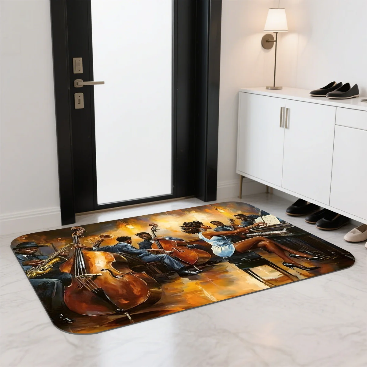 Jazz Band Musician Doormat, Vintage Musical Instrument Floor Rug, Non-Slip Absorbent Mat for Entryway Living Room Home Decor