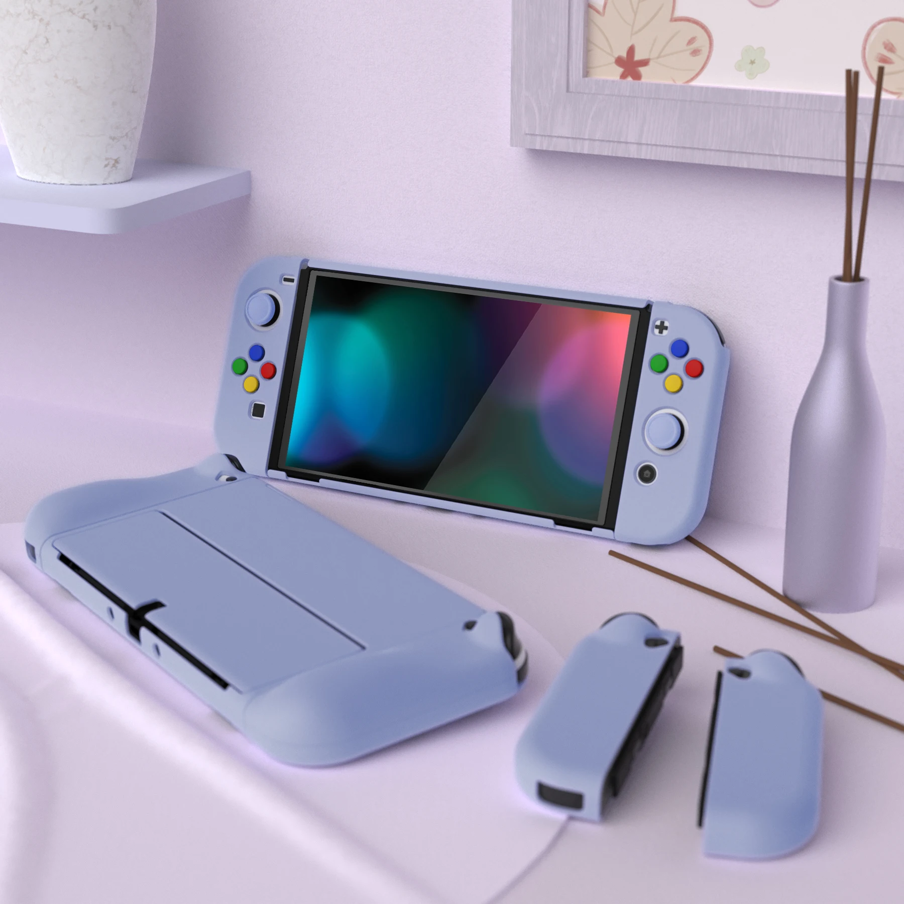 PlayVital AlterGrips 보호용 슬림 케이스 닌텐도 스위치용 도킹 가능한 하드 쉘 OLED(썸 그립 및 버튼 캡 포함) - 라이트 바이올렛