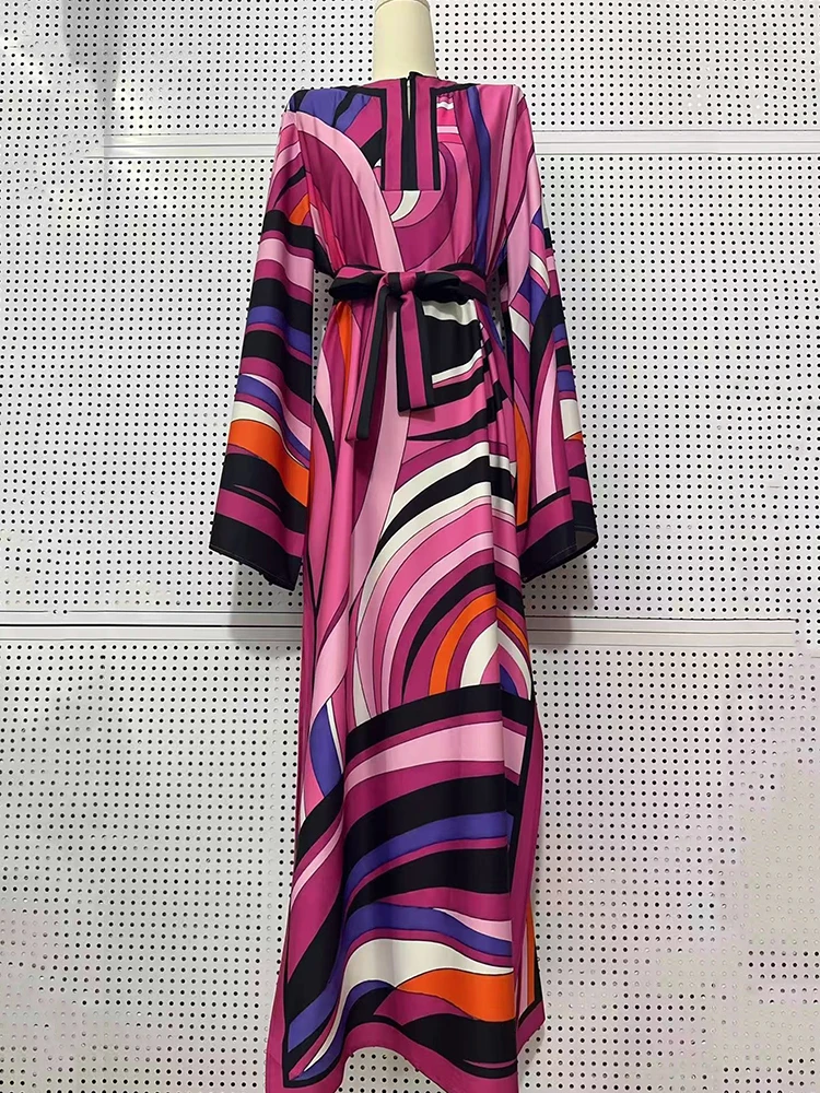 2026 Spring Women's Clothing Retro Geometric Positioned Print Lace-Up Half-Open Collar Pullover Dress Fashion Loose Slit Skirt
