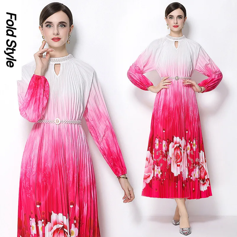Miyake 2026 Winter New High-end Bead Positioning Printing Pleated Pearl Buckle Pleated Long Dress Women's Clothing