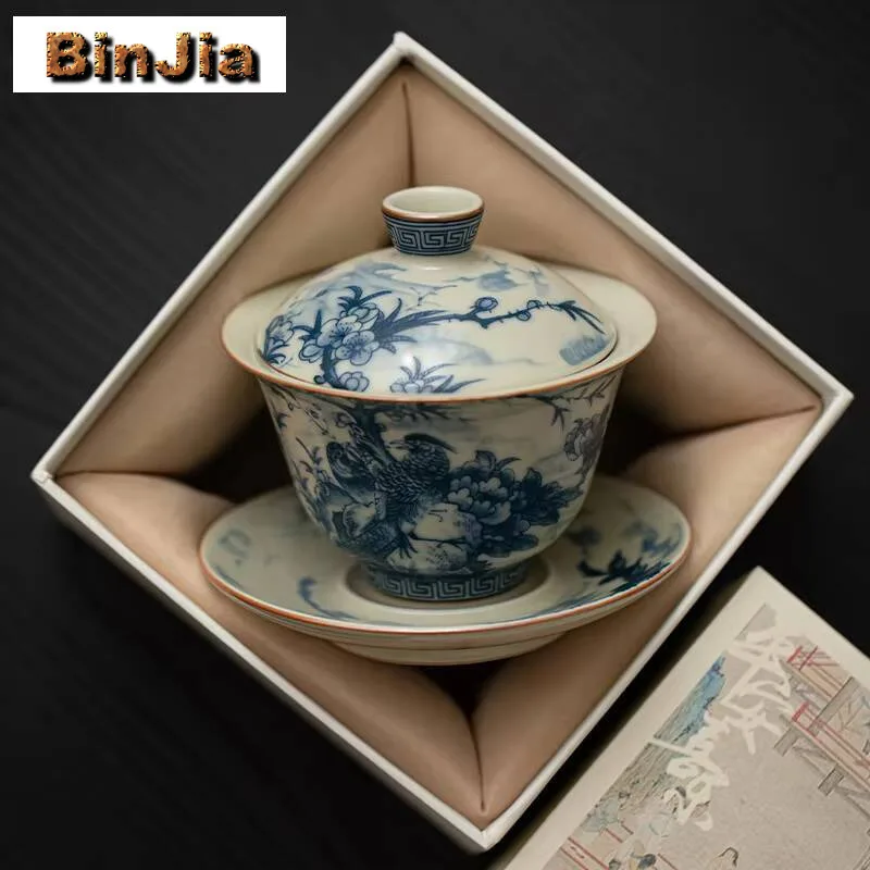 150 مللي العتيقة رو فرن الخزف Gaiwan الجمالية زهرة والطيور الحبر Sancai الشاي تورين صنع غطاء مجموعة أوعية جمع لوازم #6