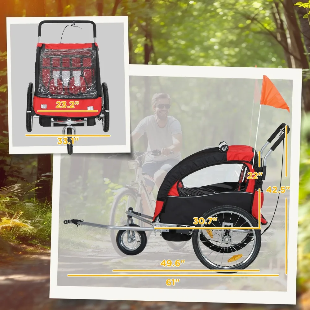مقطورة دراجة للأطفال بمقعدين مع نوافذ ومرفقة مقرنة المظلة، باللون الأحمر #2