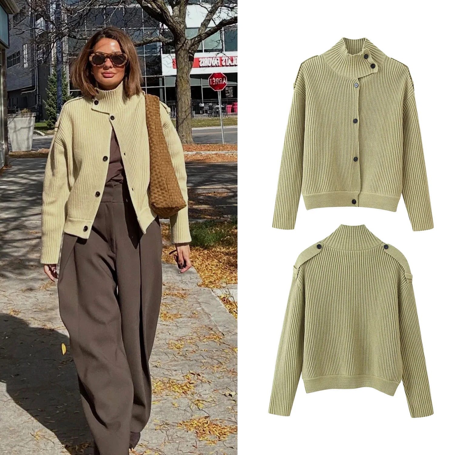 

Women's Knitted Cardigan Stand Collar Full Sleeve Single Breasted Coat Female Cardigan Autumn Winter Fashion Chic Lady Outwears