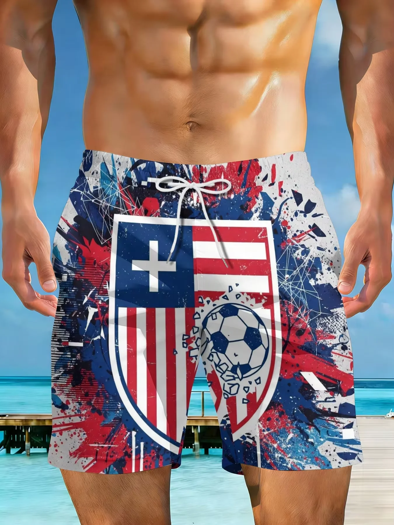 

2026 Summer New Styles American Flag Soccer Shield Design Plus Size Men's Casual Beach Shorts Suitable For Summer Outings And Beach Vacations Surfing And Relaxation Activities