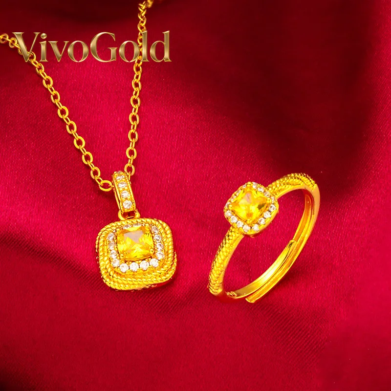 

VivoGold 24K Gold Mini Sugar Cube Ring Necklace Set AU999 Pure Gold, 3D cube design, mirror-polished finish, perfect for daily l