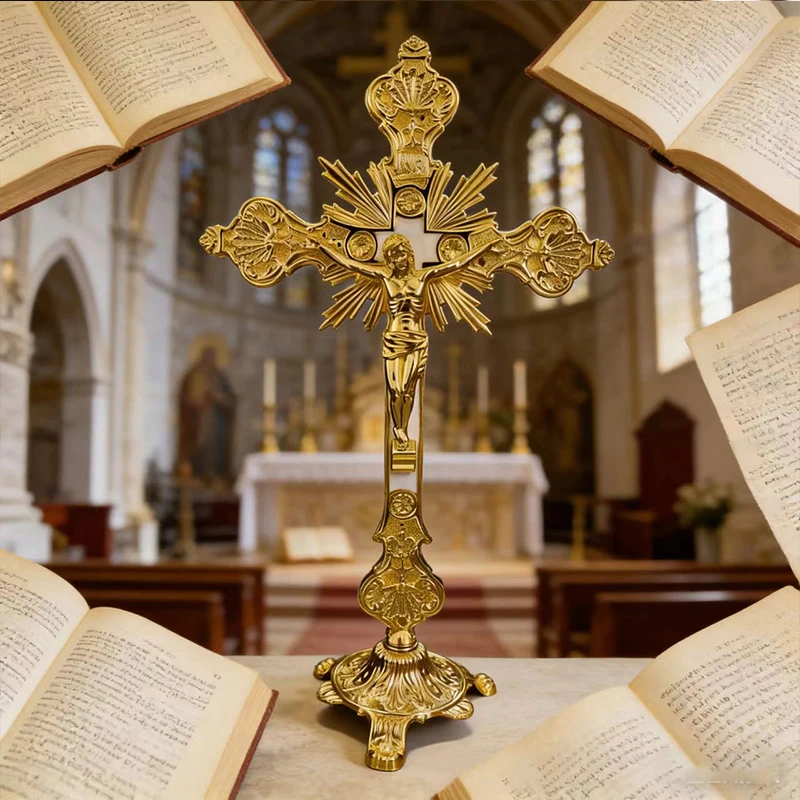 Neues 2026 Traditionelles Vergoldetes Orthodoxes Kruzifix mit INRI-Gravur, Stehendes Kreuz für Altarausstellung und Gottesdienst-Rituale, Geschenk – Detail 9