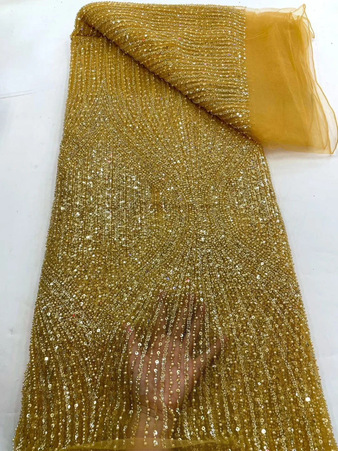Latest French gold embroidered tulle mesh fabric, Nigerian thread shaped beads luxury sequined evening gown sewn AT2906