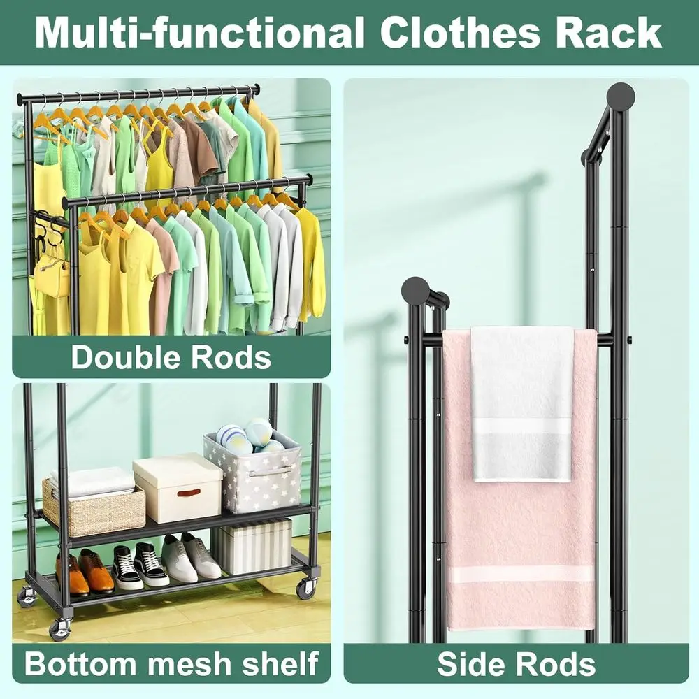 Double Rod Clothing Rack Heavy Duty with Oxford and Mesh Bottom Shelves, Garment Racks for Hanging Clothes, Portable Wardrobe Ra