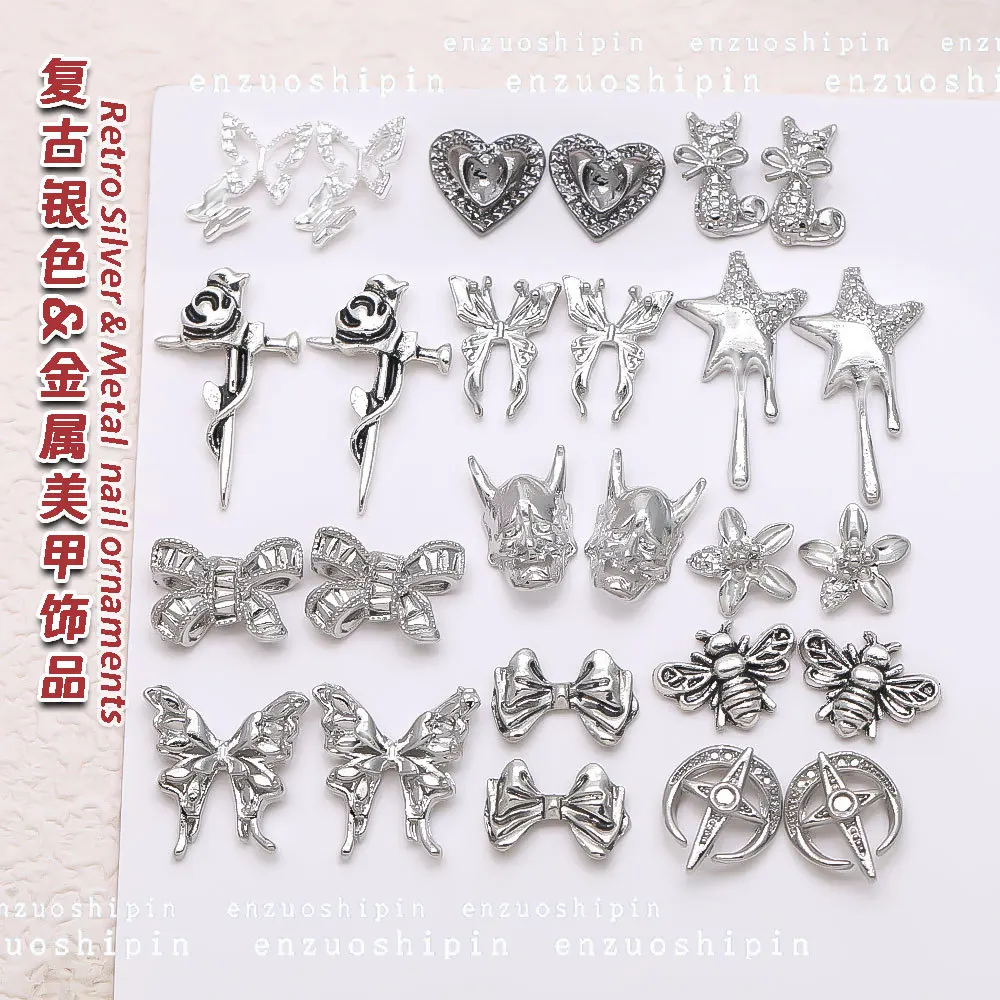 20 piezas 3D Retro Antique Silver Nail Art Charms, Bow Buttrefly, accesorios para manicura, suministros de decoración de uñas, materiales