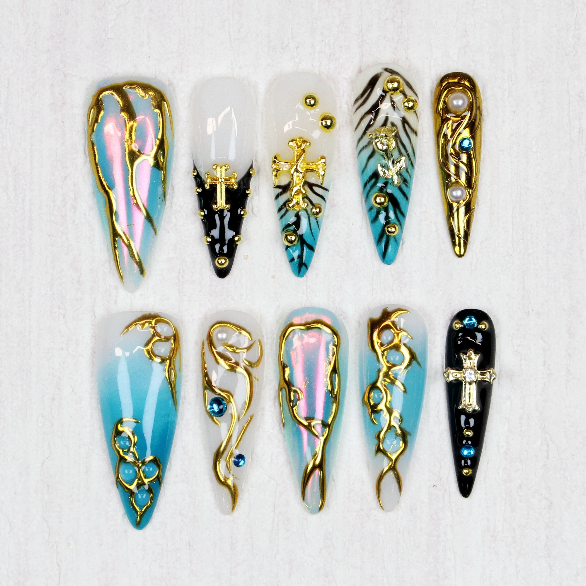 

10Pcs Handmade Manicure Long Stiletto Fake Nails Unique 3D Acrylic FreeStyle Press On Nails Design with Adhesive Nail File Set