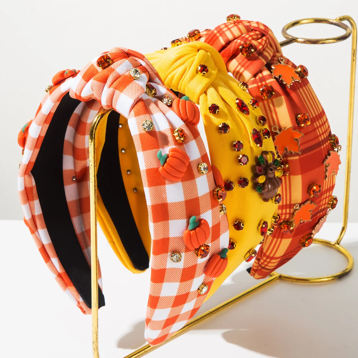 Women Harvest Farm Autumn Knotted Padded Headband 3D Pumpkin Rhinestone Hair Hoop Fall Holiday Hair Accessories