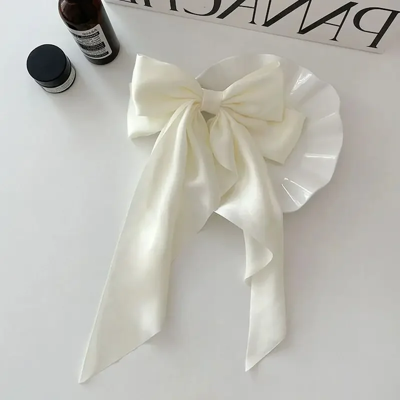 Elegant Bow Ribbon Hair Clip Fashion Simple Solid Satin Spring Clip Hair Pin Retro Headband with Clips Girls Hair Accessories