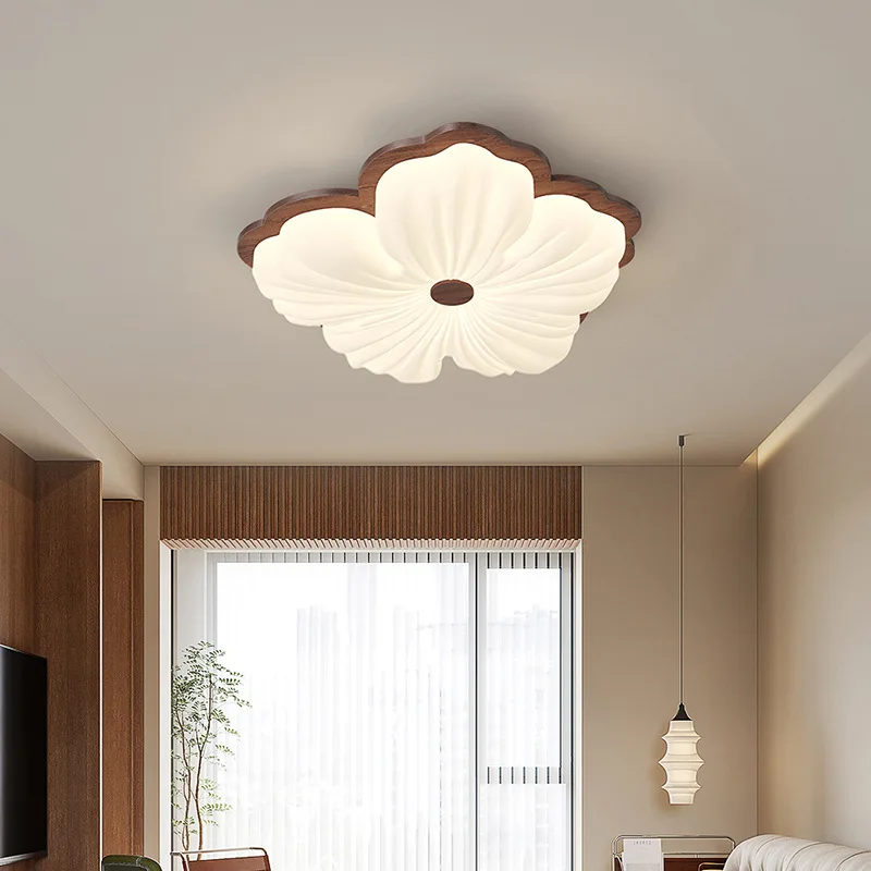 

Creative bedroom ceiling light master bedroom eye protection light retro solid wood walnut antique petal living room light