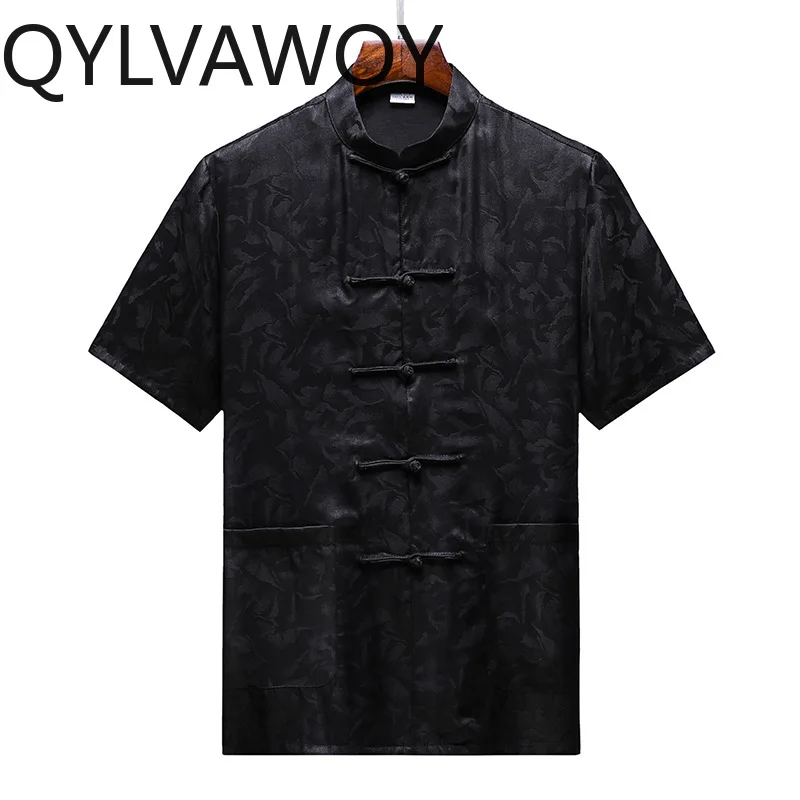 

QYLVAWOY 100% Real Mulberry Silk Men's Shirts Xiangyunsha Shirts for Man Retro Short Sleeve Tops Knot Button Shirt Chinese Style