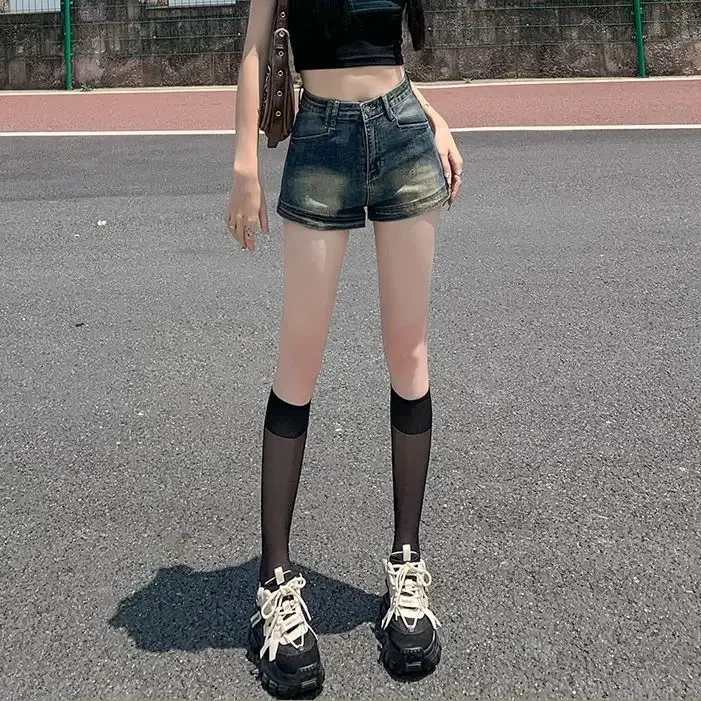 Retro-Denim-Mini-Shorts für Damen, stilvoll, hohe Taille, schlankmachende A-Linien-Hotpants, Baumwolle, lässige Mode, Shorts in Übergröße