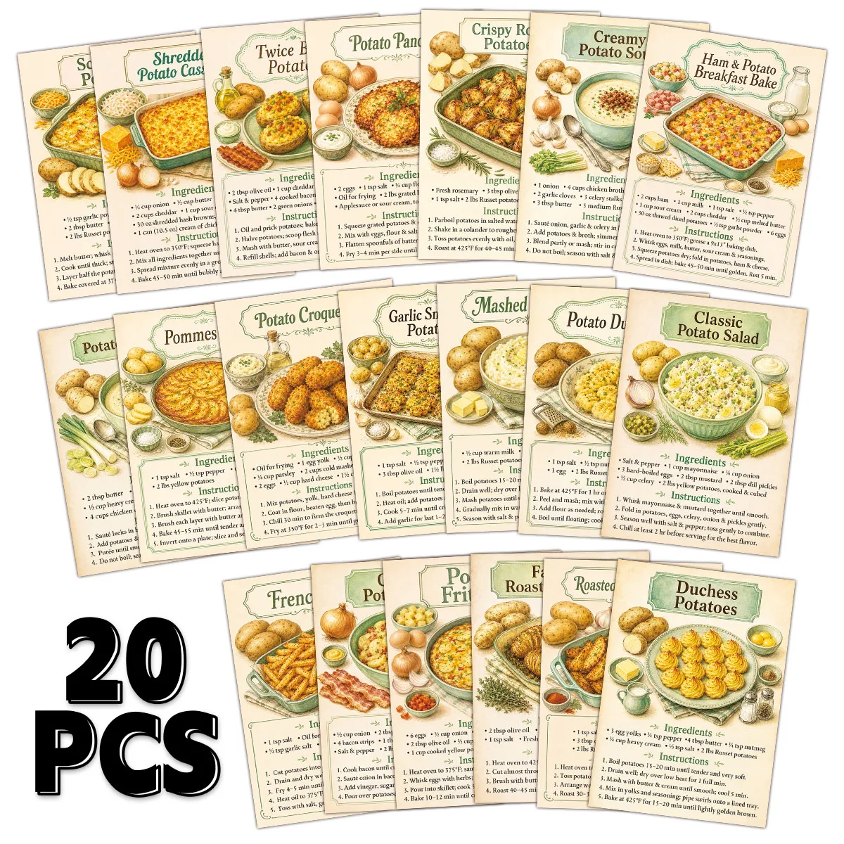 20pcs Potato Recipe Cooking Guide Cards,For Daily Kitchen Use,Handmade Gifts Wrapping Inserts Cards,Housewarming Party Present