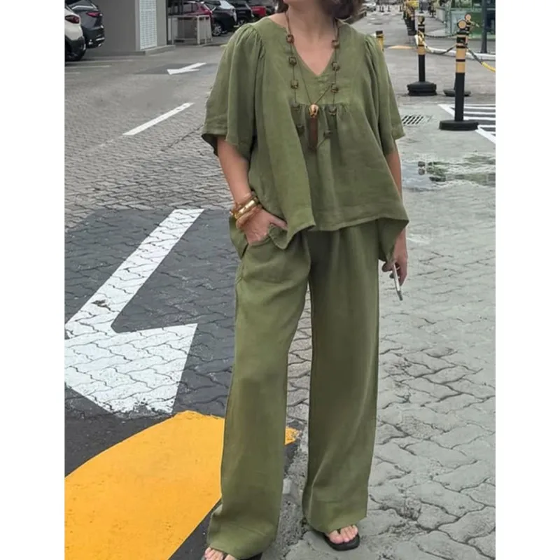 

2025 Casual Cotton Solid Two Piece Set Half Sleeve V-neck Patchwork Top+Wide-leg pants Loose Sets Office Lady Commuting Outfits