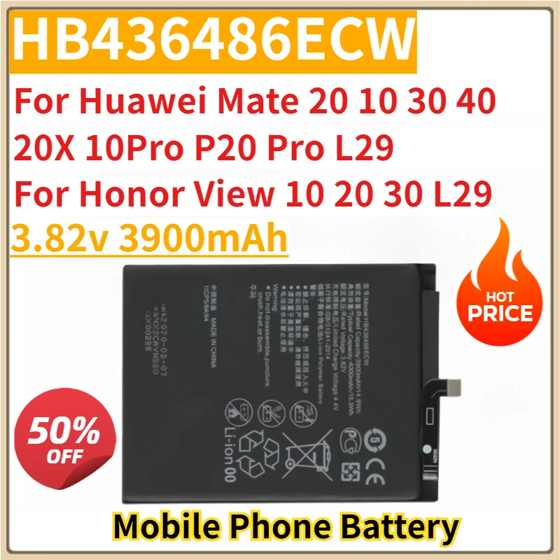 

New Replacement Phone Battery 3900mAh HB436486ECW for Huawei Mate 20 10 30 40 20X 10Pro P20 Pro L29 for Honor View 10 20 30 L29