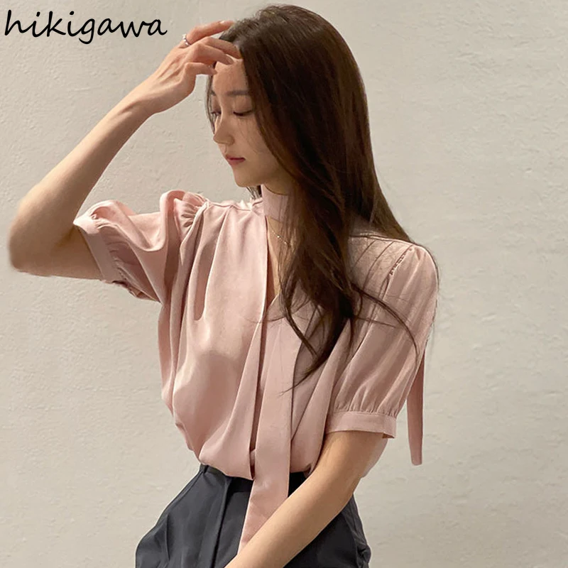 Korean Chic Blouses for Women V-neck Puff Sleeve Solid Color Shirts 2024 Blusas Mujer De Moda Vintage Summer Elegant Blouse Tops