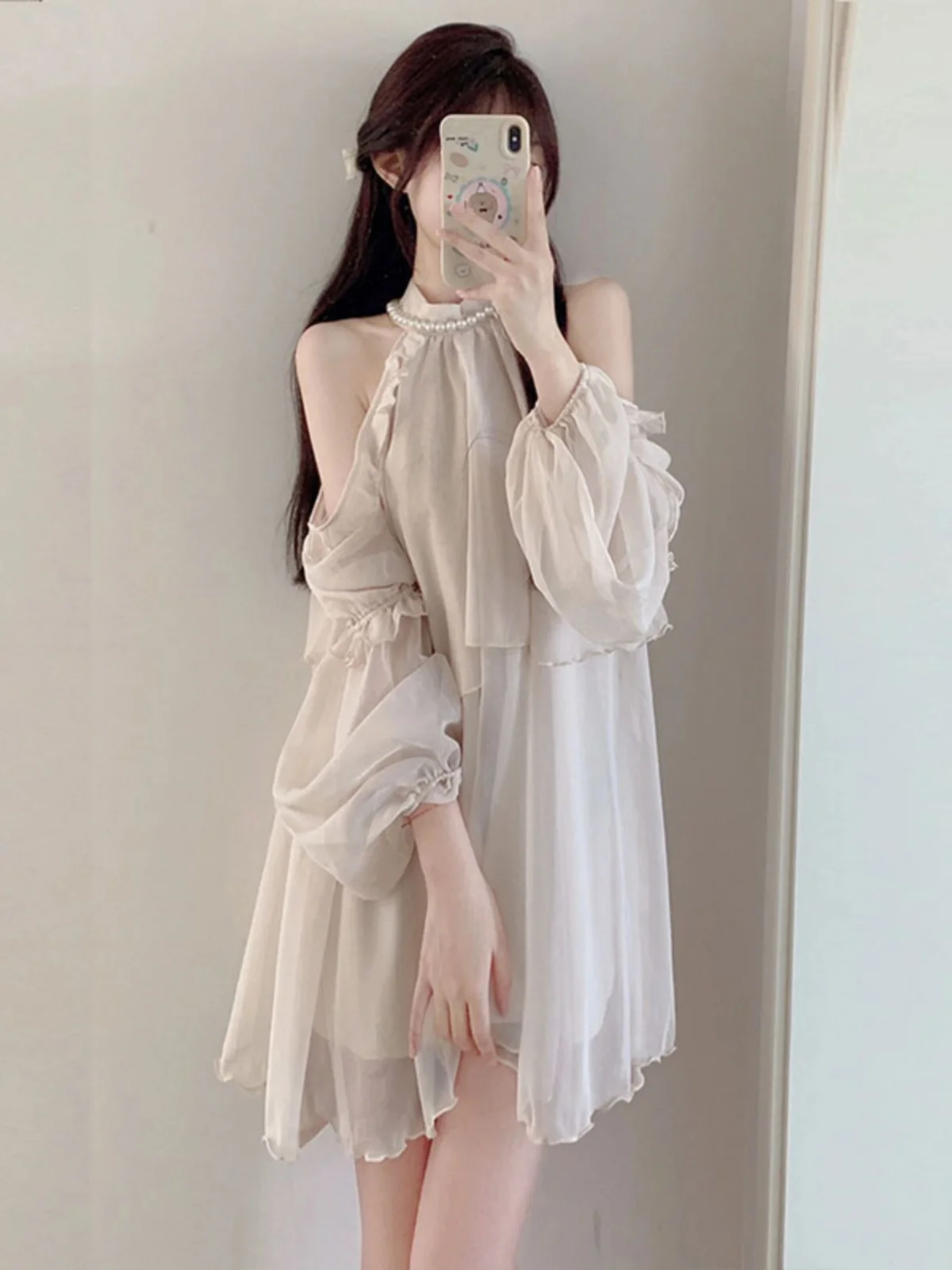 

Summer 2026 Sexy Shoulder Bared Long Sleeve Chiffon Dress Women's Neck Hanging Birthday Gift Dress City Commuting Beach Date ...