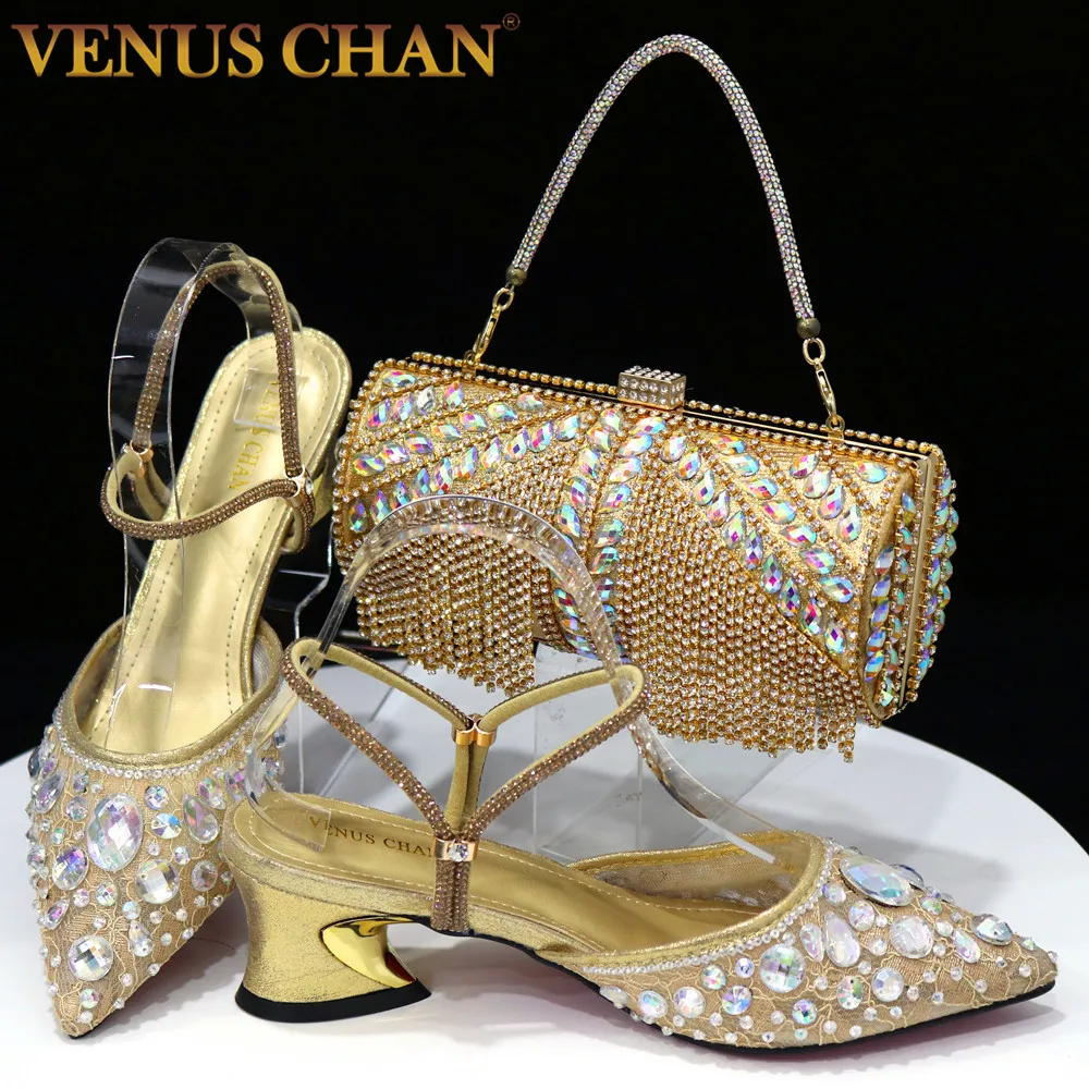 Venus Chan Gold Fashion 2024 Rhinestone Heels Pointed-Toe Gold Colored Lace Tassel Design Elegant Luxury Shoes and Bag for Party