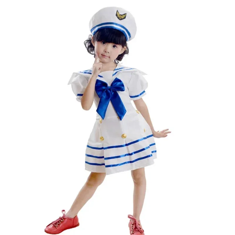 Children White Navy Military Uniform Girls Dress with Set 3PCs Performance Dance Wear Cosplay Costumes Kids Boys Sailor Suits OI