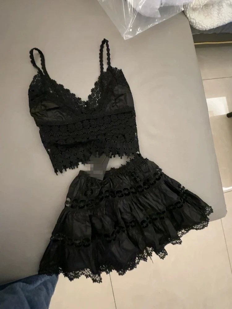 Floral Lace Hollow out Tank Top And Skirt Set Women's Summer Fashion Ensemble Tender And Cute Style Two-Piece Suit