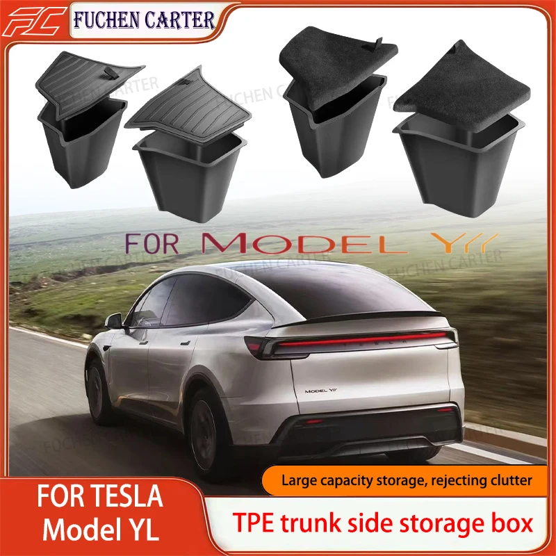 For Tesla NEW Model YL 2026 Rear Trunk Side Storage Box Cargo Organizer TPE Bin Box Flocking Mat Partition Board Accessories