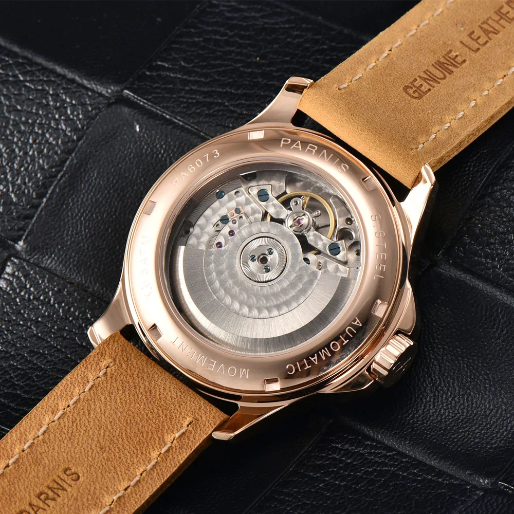 Fashion Parnis 44mm Rose Gold Case Automatic Men Watch Mechanical Power Reserve Sports Man Watches Luxury reloj para hombre 2023