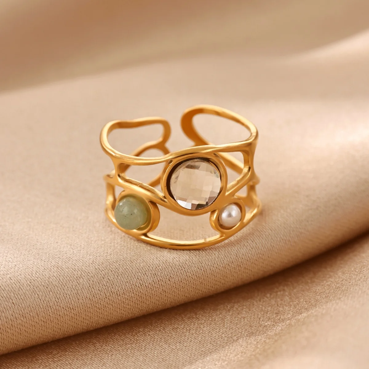 Geometrische offene Ringe mit Zirkon-Imitationsperlen für Damen, goldfarben, geometrischer Ring aus Edelstahl, Hochzeitsschmuck, Alltagsschmuck, Geschenk