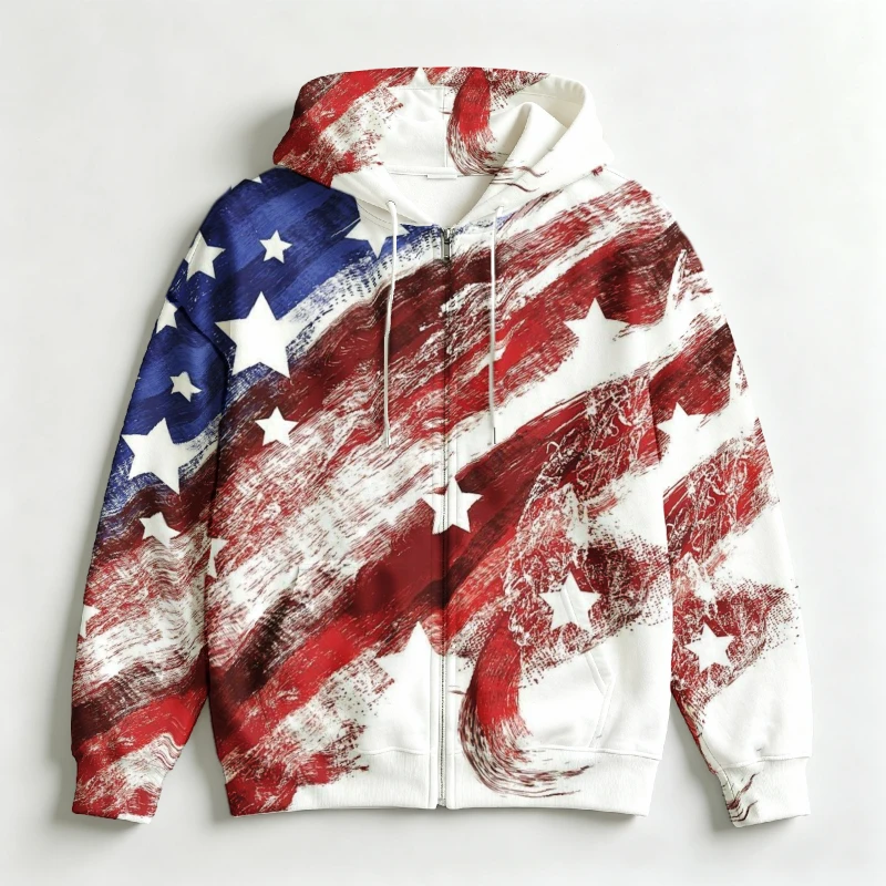 Men Zip Up Hoodie 3D USA American Flag Full Print Drawstring Long Sleeve Casual Sweatshirt Male Outerwear