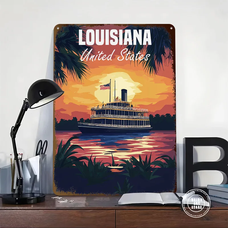 Louisiana Riverboat Sunset Personalized 3D Textured Metal Poster Wall Art Tinplate Sign for Luxury Decoration Home Decorations
